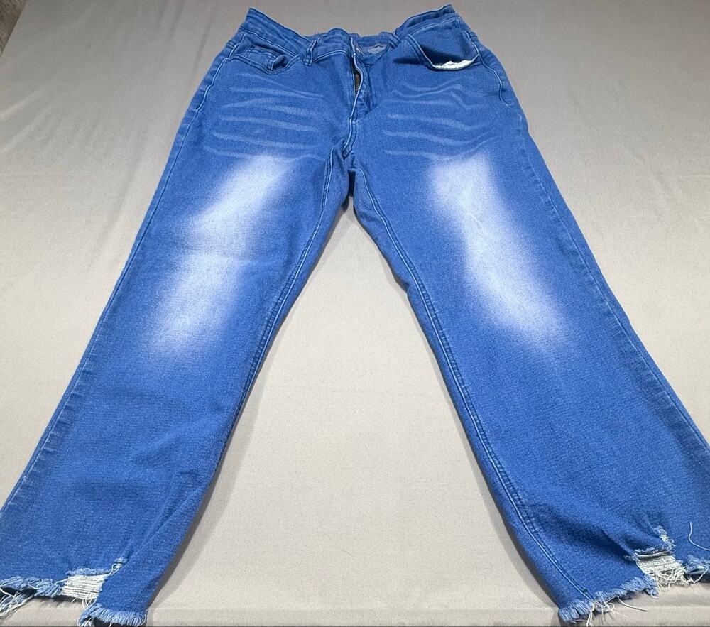Women’s Unbranded Blue Denim Jeans Size Large Raw Frayed Hem Mid Rise